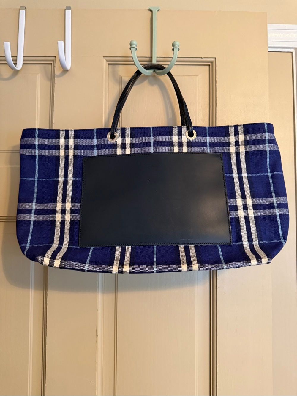 Authentic Burberry Navy & White Plaid Canvas Tote with Black Leather Patch